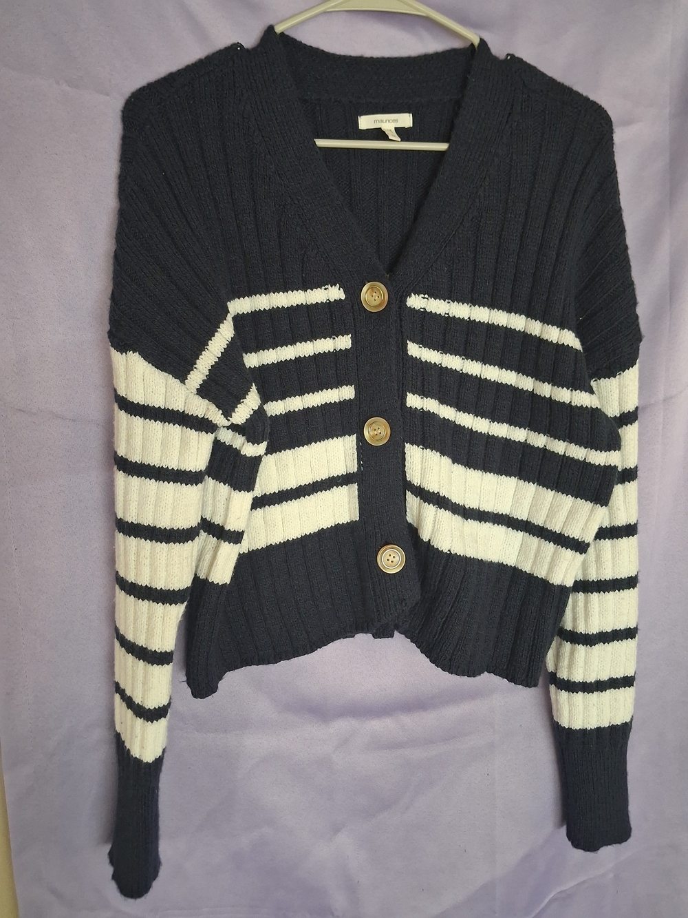 Maurices Navy and Cream Striped V-Neck Button Cardigan